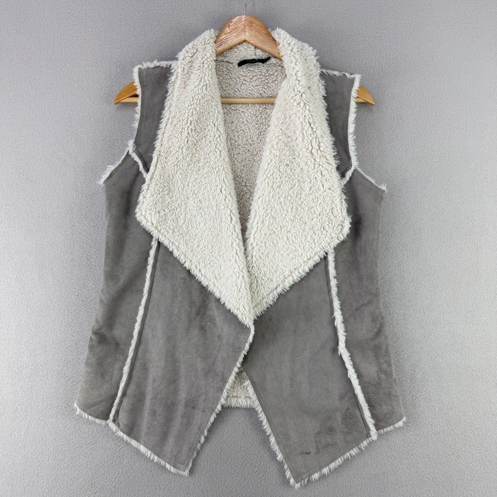 THML Faux Suede Sherpa Vest Women S Gray Open Front Western Boho